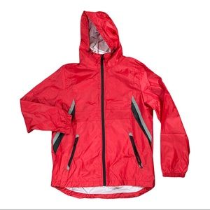 WT02 Windbreaker size large men’s red long sleeve hooded zipper pocket zip close